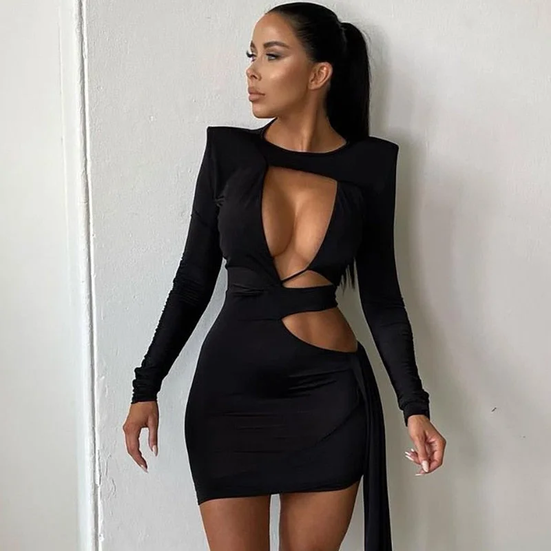 Hollow Bandage Long Sleeve Drape Mini Dresses