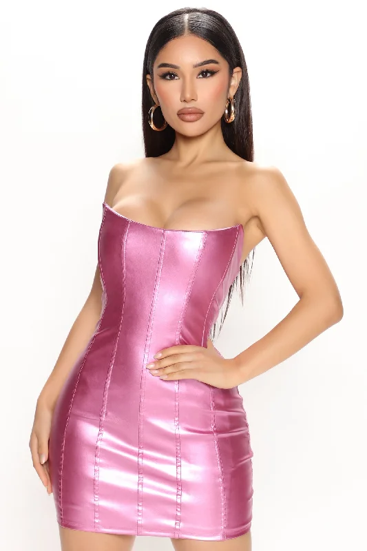 Hottie Metallic Faux Leather Mini Dress - Pink