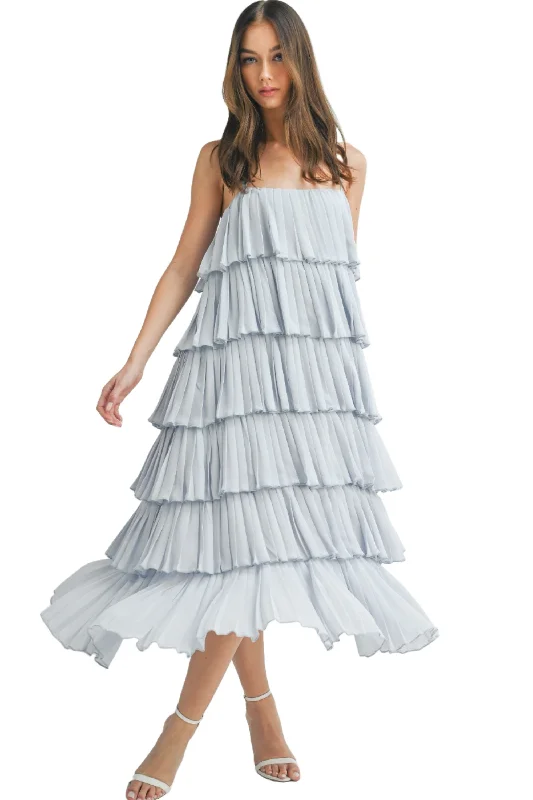 RUFFLE TIER MIDI DRESS WITH RHINESTONE STRAPS