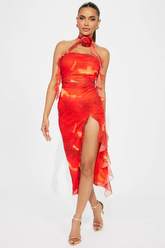 Scarlet Blaze Mesh Midi Dress - Red/combo