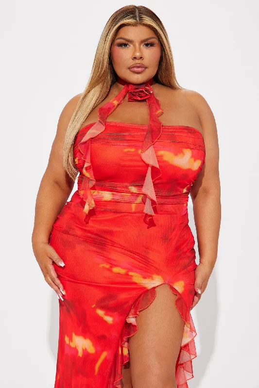 Scarlet Blaze Mesh Midi Dress - Red/combo