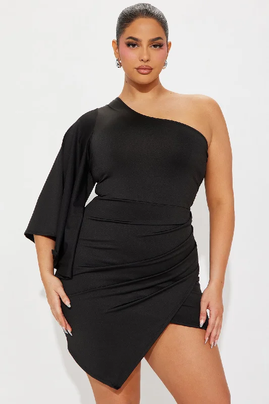 Serving Up Class One Shoulder Mini Dress - Black