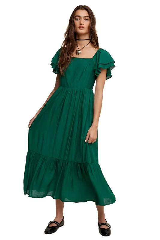 Square Neck Ruffled Short Sleeve Maxi Dress