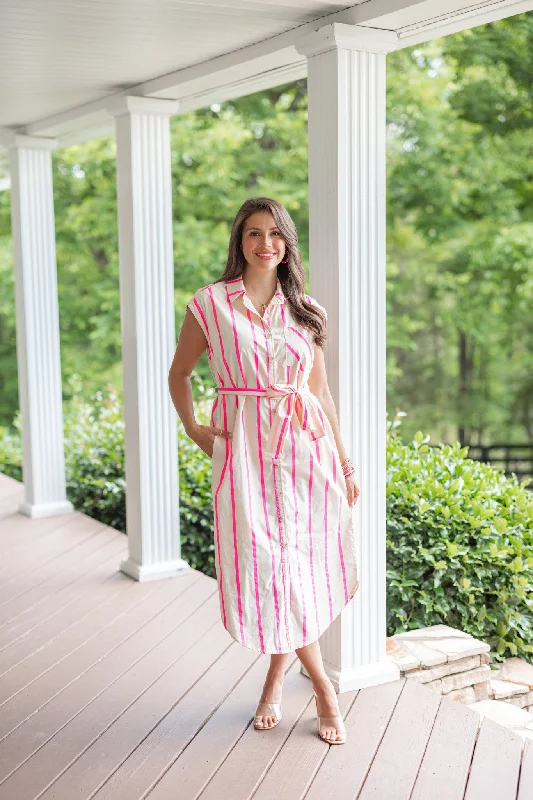 Striped Neon Pink Midi Dress