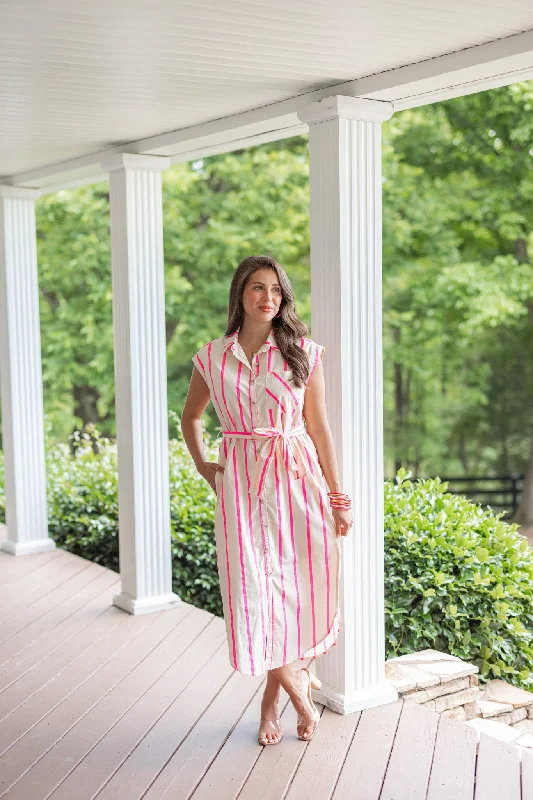 Striped Neon Pink Midi Dress