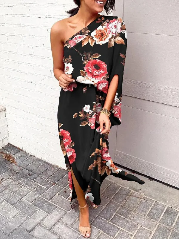 One Shoulder Slit Print Dress